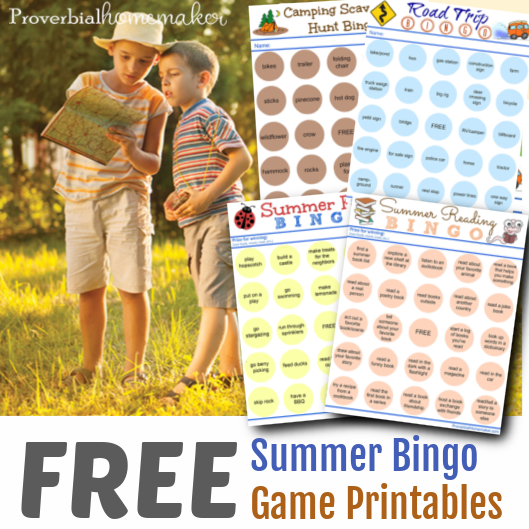 Summer Bingo Game Printable pack includes camping bingo cards, summer reading bingo cards, road trip bingo cards, and summer activities bingo cards