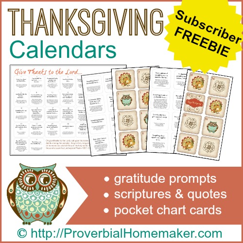 Thanksgiving Calendar Set focusing on gratitude and scripture! - gratitude prompts, scriptures and quotes, and pocket chart cards. ProverbialHomemaker.com