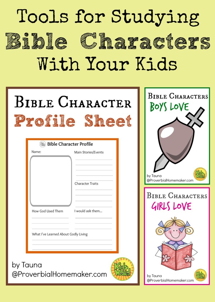 Tools for Studying Bible Characters With Your Kids text with image examples of pages