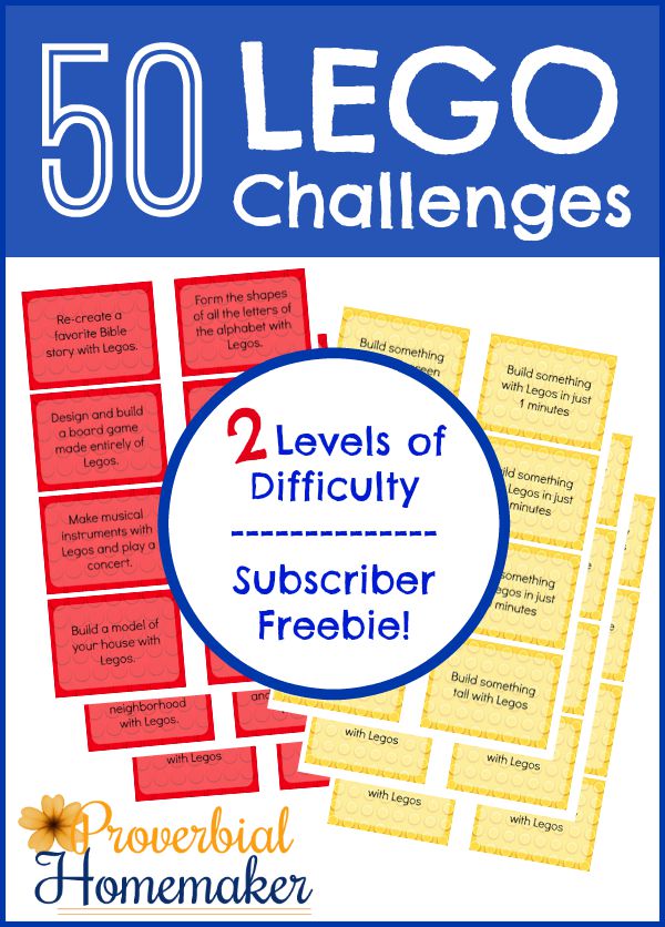 50 Lego Challenges - Printable challenge cards with two difficulty levels, FREE for subscribers!