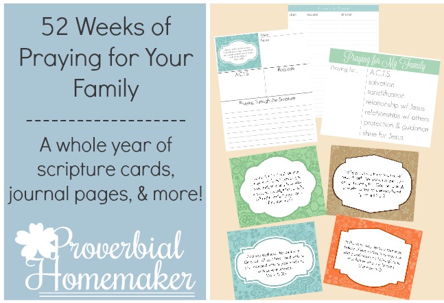 Check out this HUGE printable with 52 weeks of scripture cards and journal pages to help you pray for your family!