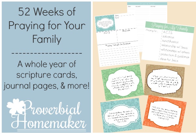 Check out this HUGE printable with 52 weeks of scripture cards and journal pages to help you pray for your family!