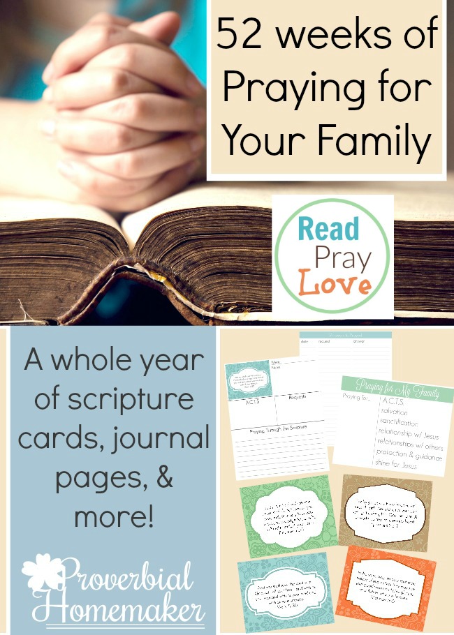 Check out this HUGE printable with 52 weeks of scripture cards and journal pages! Huge help with praying for your family 