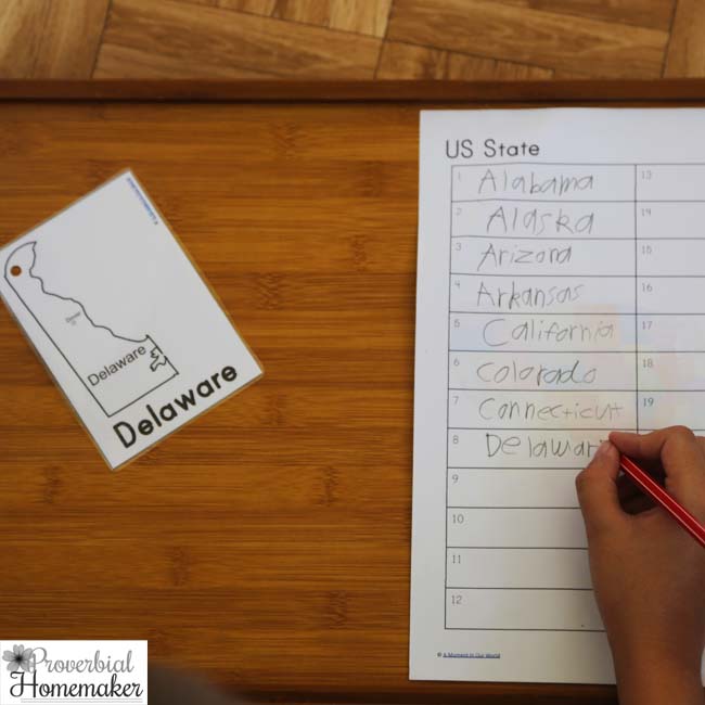 US State Cards - writing down the state names and using a set of fun flash cards.
