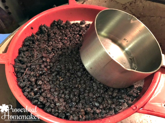 Pressing liquid from cooked elderberries - making elderberry syrup kids like!