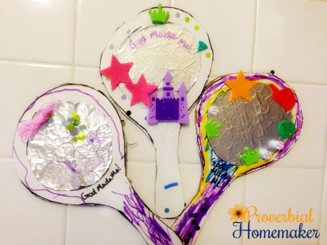 Kids make mirrors using cardboard and foil, with reminders that they are God's creation. A great way to teach kids God made them special!