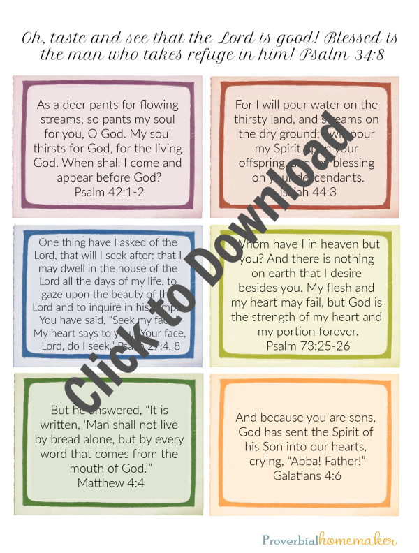 Pray for God to help you want to read your Bible more. These scripture cards can be used to help you pray for a greater desire for God's Word!