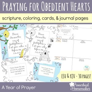 Pray for obedient hearts in yourself and your loved ones with these journaling pages, scripture cards, scripture coloring pages and more! Part of the Read, Pray, Love challenge.