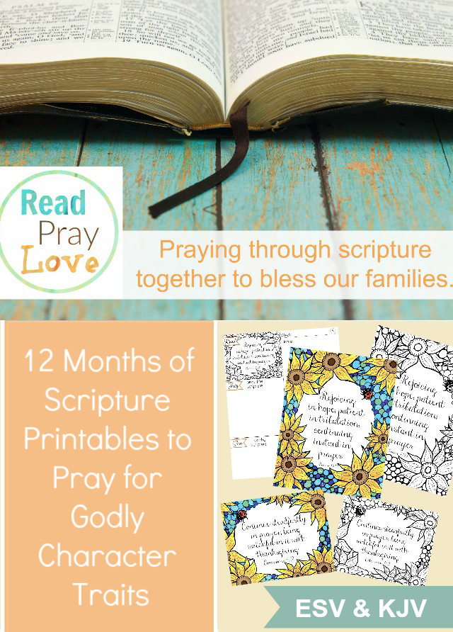 Pray the scripture over your family, focusing on a different godly character trait each month for a whole year! Includes gorgeous scripture art prints and memory verse cards with COLORING PAGES! 