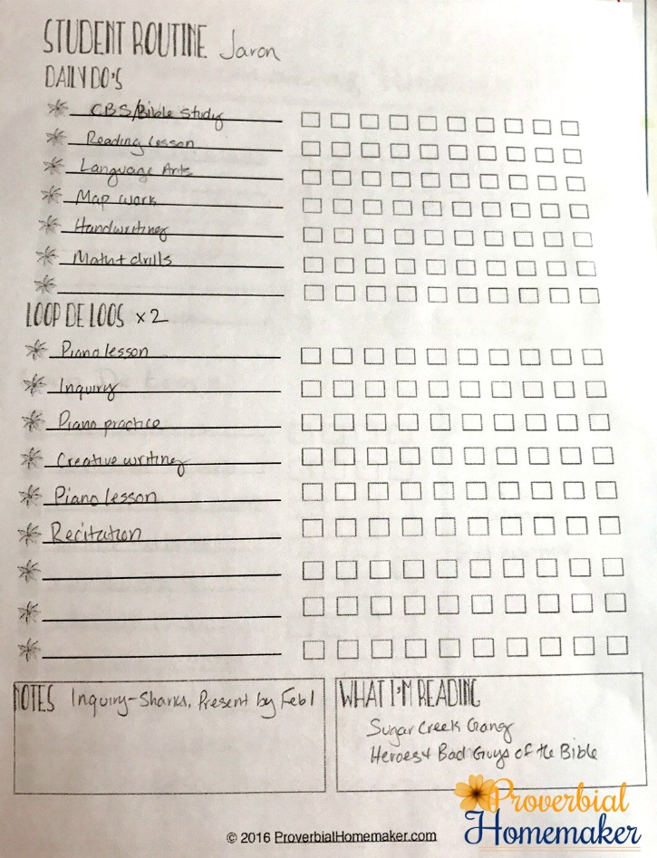 Simple example loop schedule for homeschooling student