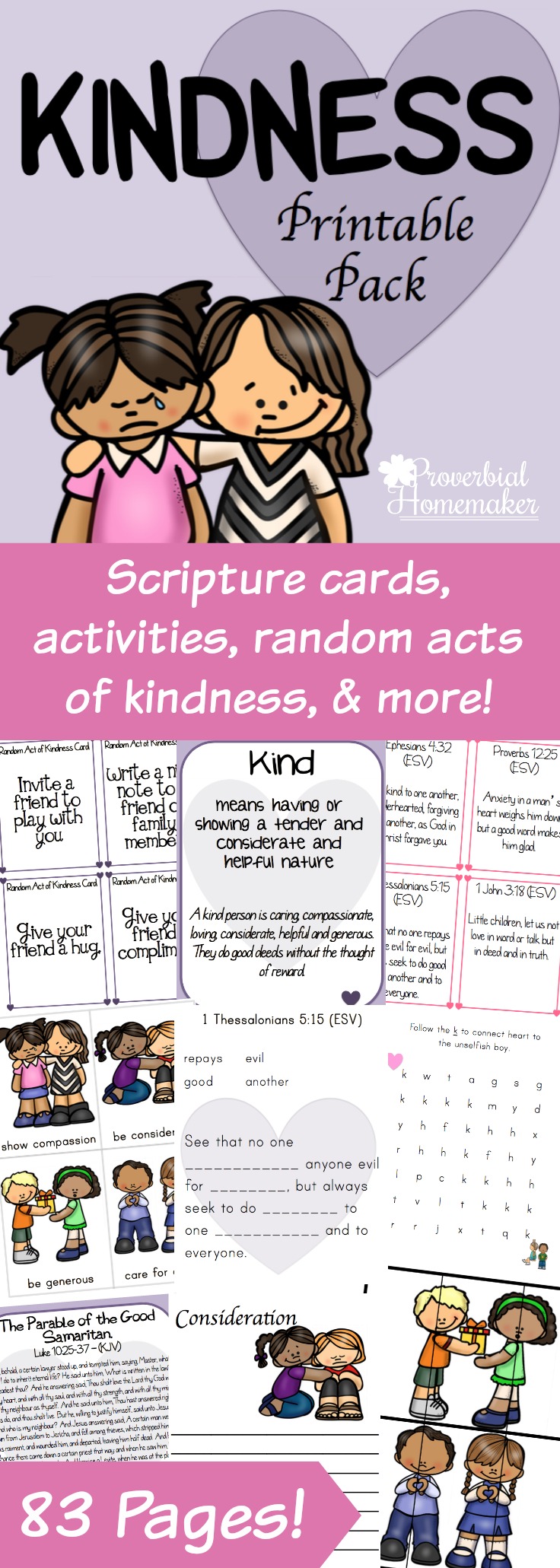 Teach kids kindness with this kindness printable pack! Includes scripture cards, random acts of kindness, learning activities, and more!