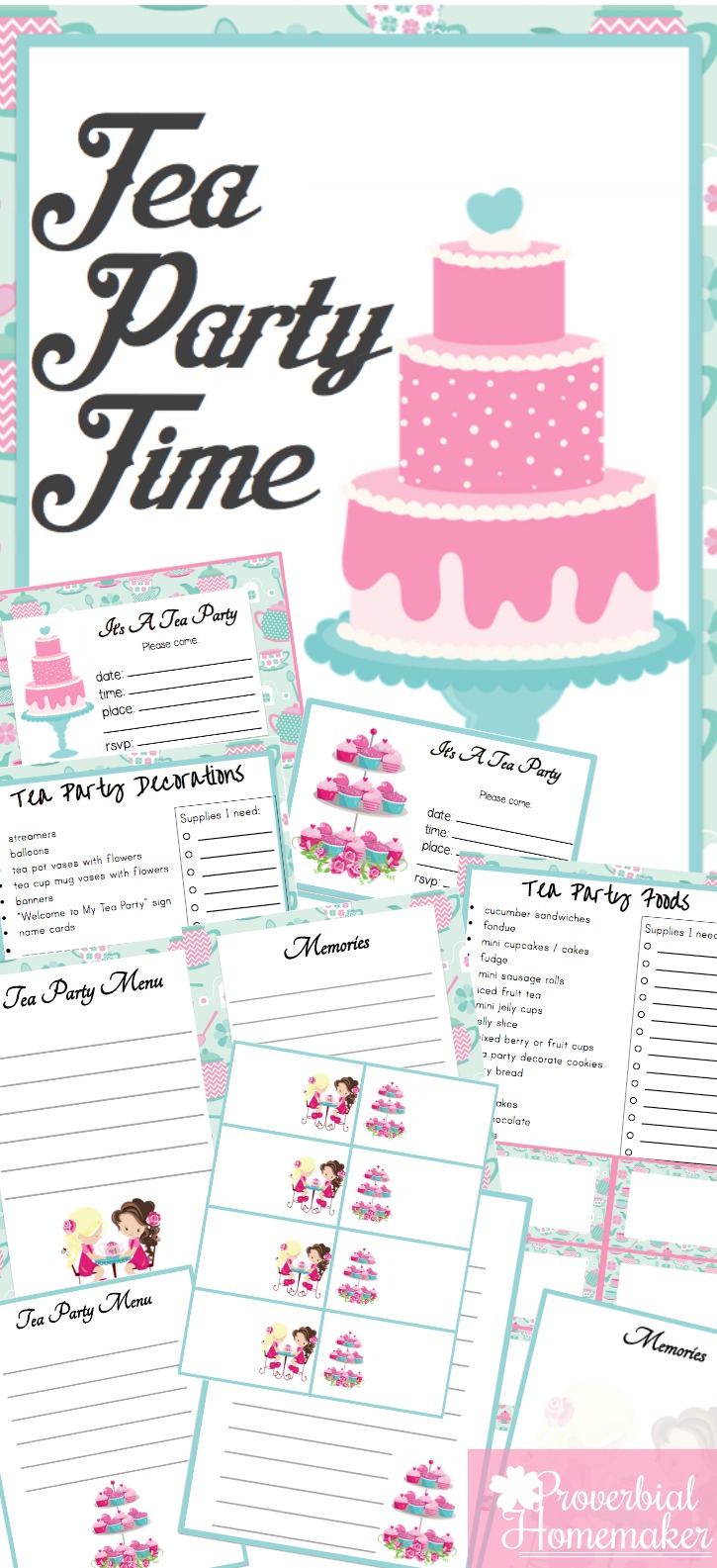 Adorable tea party printable pack! Have a fun tea party or let the kids host one with invitations, food labels, planner pages, and more!