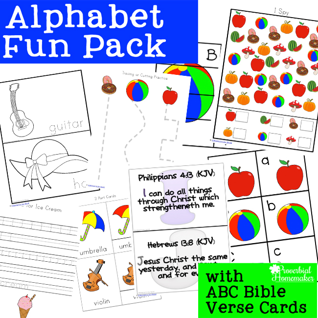 Download this free alphabet printable pack for fun learning activities for preschool and kindergarten! Includes I Spy, puzzles, Bible verses, & more!