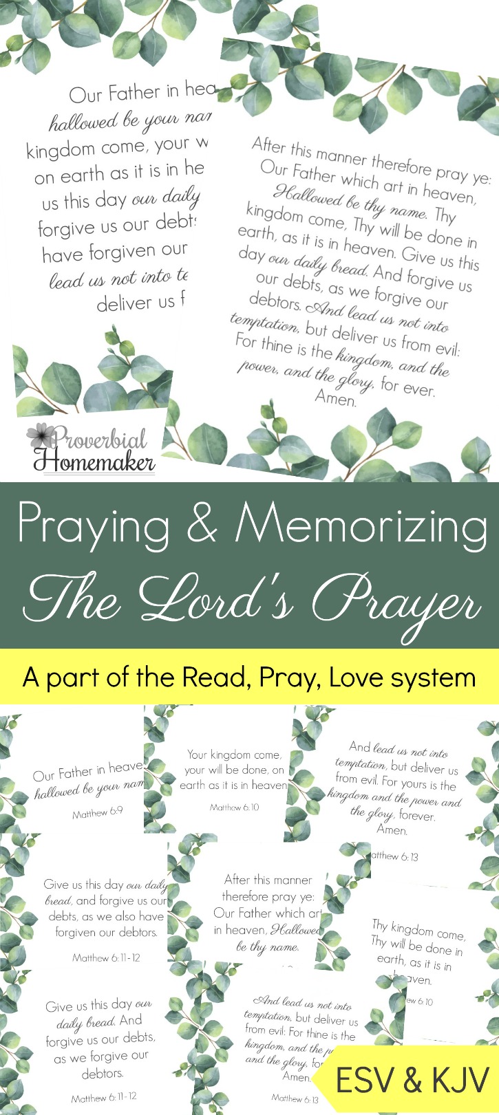 Memorize the Lord's Prayer - then pray the Lord's Prayer over your family! These beautiful scripture cards, art prints, and prayer/teaching guides come in ESV and KJV, and can be used alone or as a part of the Read Pray Love system at Proverbial Homemaker.