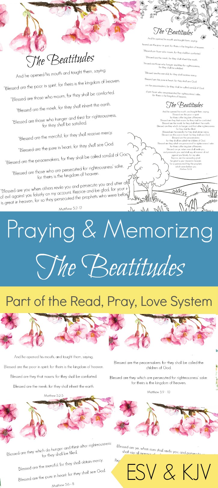 Pray and begin memorizing The Beatitudes together as a family! These beautiful scripture art prints, memory verse cards, coloring pages, and prayer prompts are a wonderful way to get started. Part of the Proverbial Homemaker Read, Pray, Love system. 