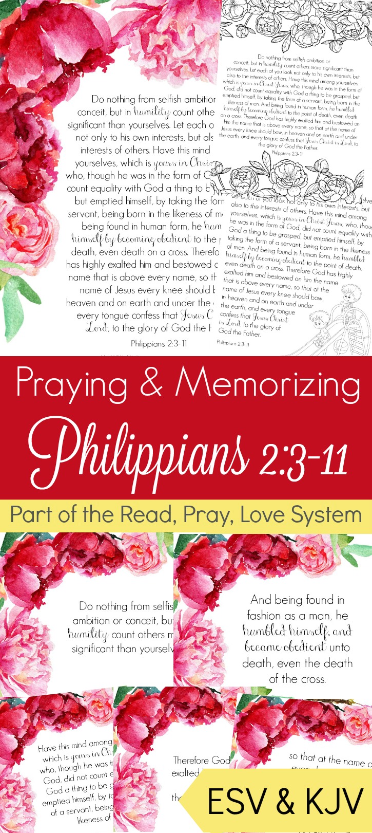 Pray and begin memorizing Philippians 2:3-8 together as a family, all about thinking of others! These beautiful scripture art prints, memory verse cards, coloring pages, and prayer prompts are a wonderful way to get started. Part of the Proverbial Homemaker Read, Pray, Love system.