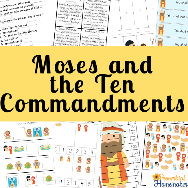 Teach your kids about Moses and God's law with this fun Ten Commandments printable! It includes events in Moses' life, memorizing the commandments, games, copywork, and more!