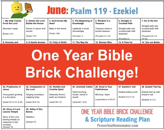 June One Year Bible Brick Challenge - Psalm 119 to Ezekiel. Build with Legos as you read the Bible together!