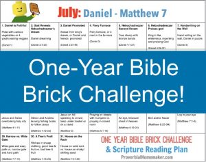 July One Year Bible Brick Challenge - Daniel to Matthew 7. Build with Legos as you read the Bible together!