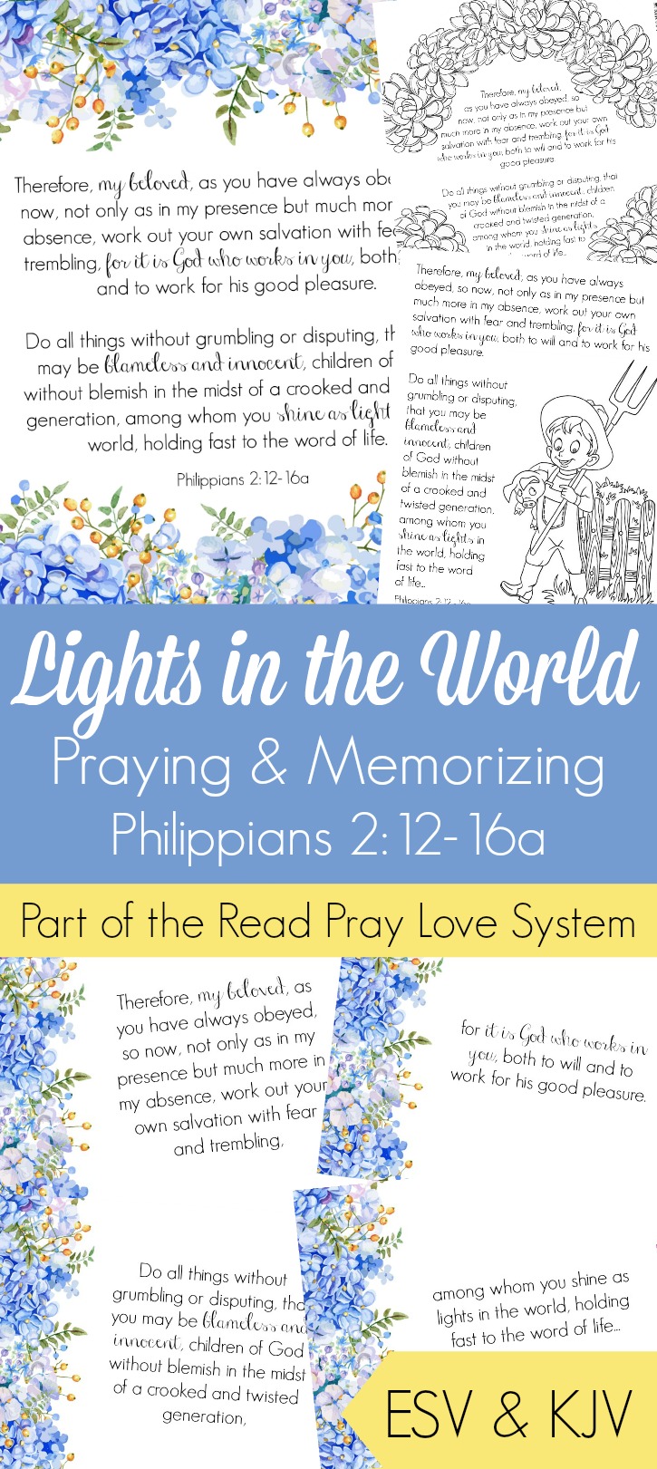 Pray and begin memorizing Philippians 2:12-16a together as a family, all about pursuing obedience and Christlikeness so that we may shine like lights in the world and point people to Christ! These beautiful scripture art prints, memory verse cards, coloring pages, and prayer prompts are a wonderful way to get started. Part of the Proverbial Homemaker Read, Pray, Love system. 