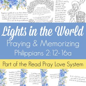 Pray and begin memorizing Philippians 2:12-16a together as a family, all about pursuing obedience and Christlikeness so that we may shine like lights in the world and point people to Christ! These beautiful scripture art prints, memory verse cards, coloring pages, and prayer prompts are a wonderful way to get started. Part of the Proverbial Homemaker Read, Pray, Love system.