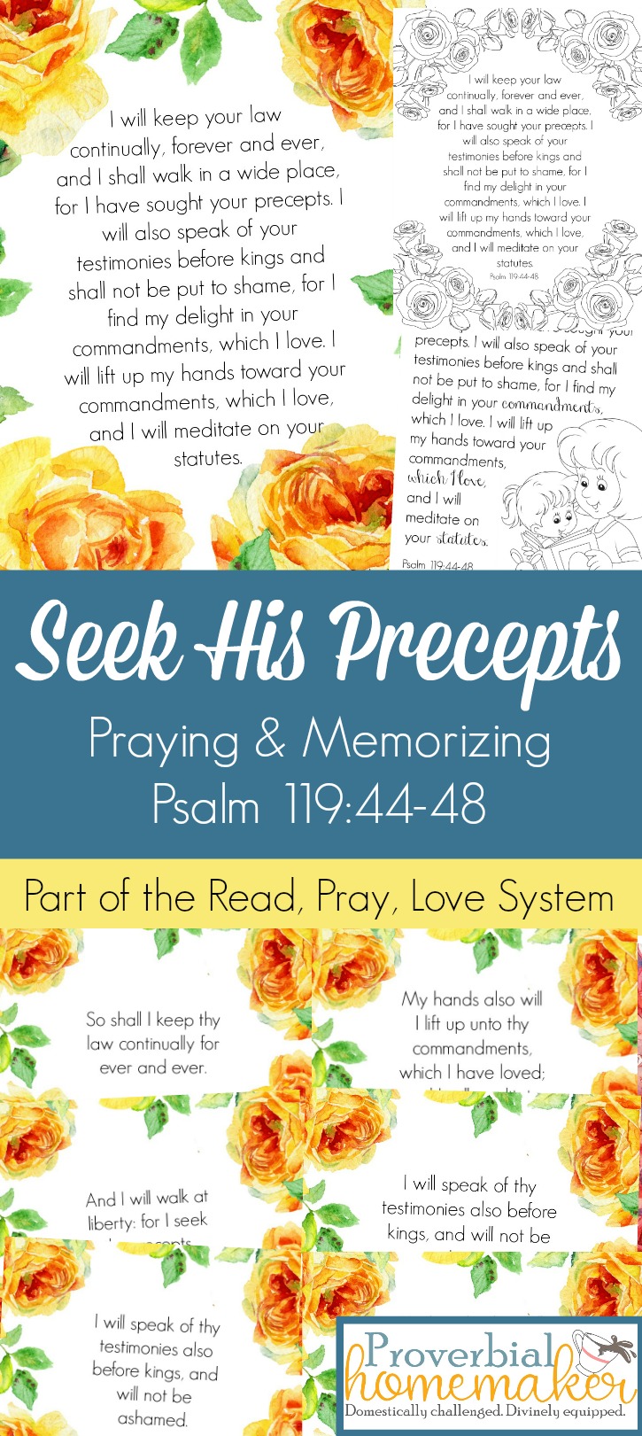 Pray and begin memorizing Psalm 119:44-48 together as a family, all about seeking the precepts of the Lord and loving His commandments! These beautiful scripture art prints, memory verse cards, coloring pages, and prayer prompts are a wonderful way to get started. Part of the Proverbial Homemaker Read, Pray, Love system. 