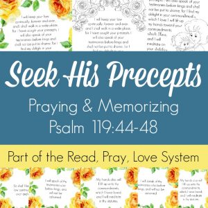 Pray and begin memorizing Psalm 119:44-48 together as a family, all about seeking the precepts of the Lord and loving His commandments! These beautiful scripture art prints, memory verse cards, coloring pages, and prayer prompts are a wonderful way to get started. Part of the Proverbial Homemaker Read, Pray, Love system.