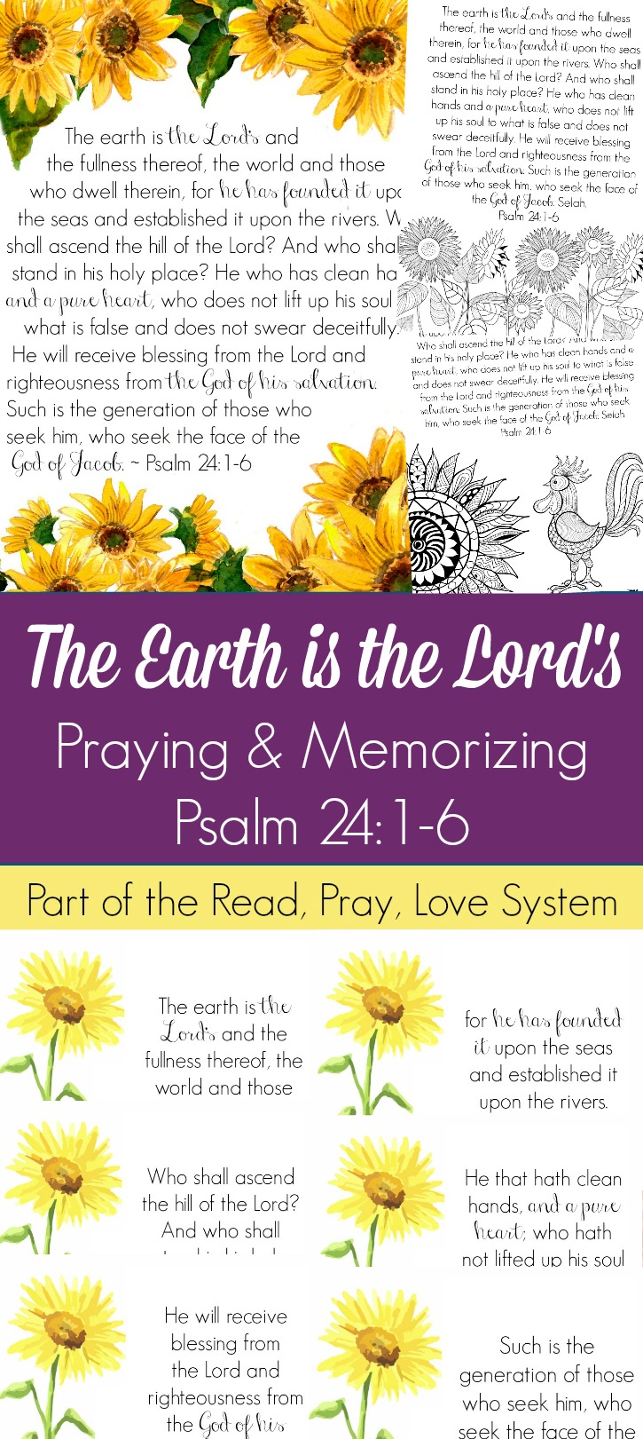Pray and begin memorizing Psalm 24:1-6 together as a family, all about the glory of God. These beautiful scripture art prints, memory verse cards, coloring pages, and prayer prompts are a wonderful way to get started. Part of the Proverbial Homemaker Read, Pray, Love system. 