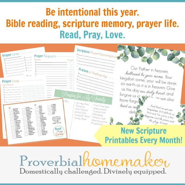 Read, Pray, Love is an annual event in the Proverbial Homemaker community. You'll find monthly scripture printables as well as prayer binder setup files to make it easier to get in God's Word, pray the scripture, and hiding it in your heart. 52 weeks of scripture printables, 52 weeks of praying the scriptures, and more!