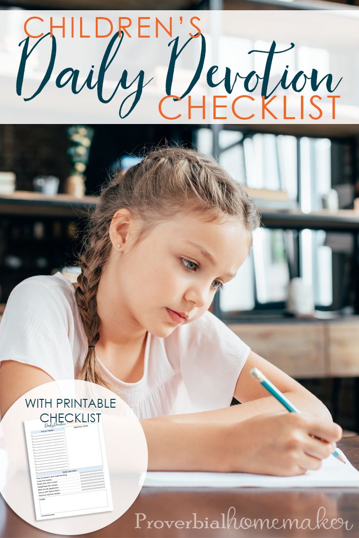 Children\'s Daily Devotion Checklist text with image of a girl taking notes