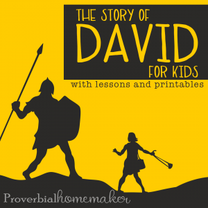 Teach life lessons and godly character through the Bible story of David for kids! Includes a list of teaching points plus a printable pack with Bible lessons, math and literacy activities, copywork, and more! Your kids will love this David printable pack.