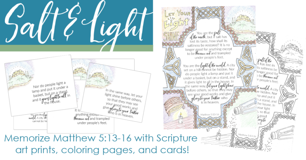 Salt and Light Printable! Memorize Matthew 5:13-16 as a family with this beautiful Scripture printable pack! Includes custom illustrations, memory verse cards, and a coloring page. 