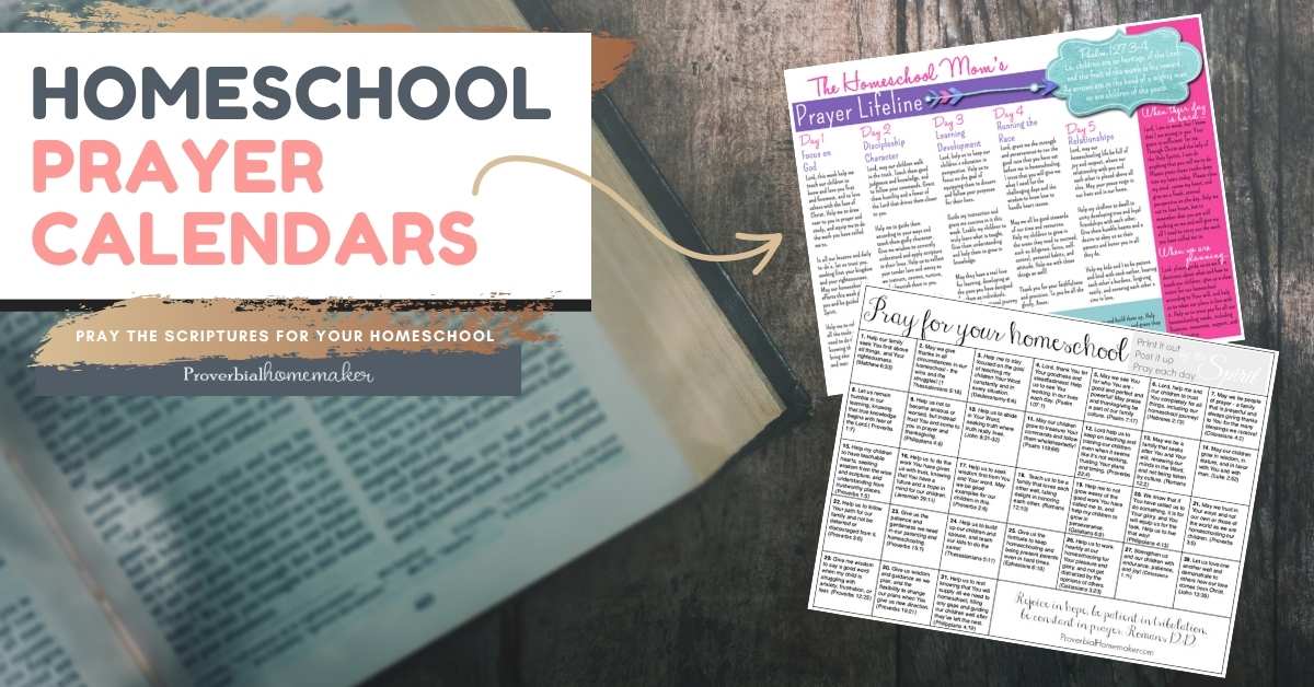 Printable calendar for homeschool prayer. Consistently pray for your homeschool with these 2 calendars! Daily prayer for homeschool moms.