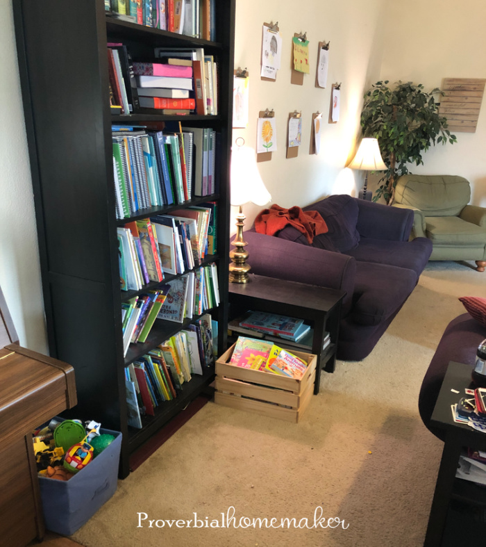 Our main bookshelf for homeschool supplies
