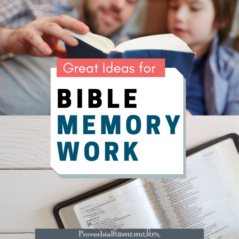 A roundup of Bible memory work ideas for your family, along with tools and resources! From ProverbialHomemaker.com