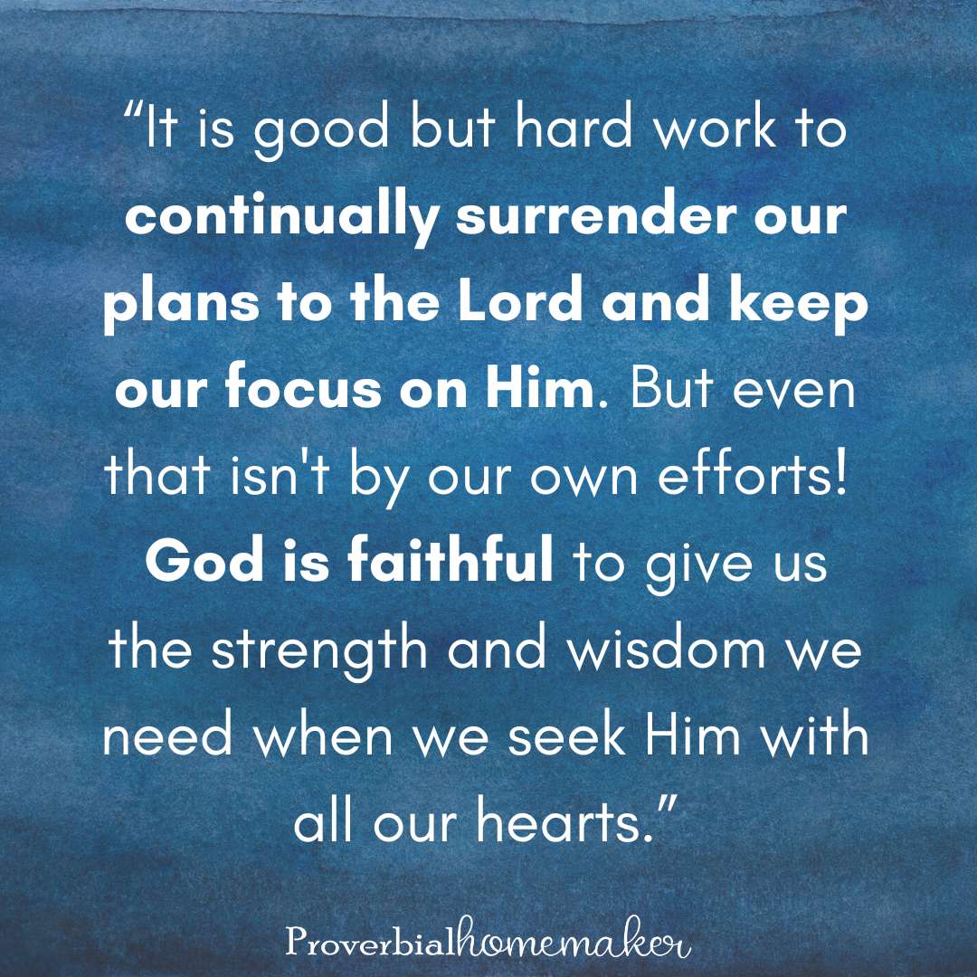 “It is good but hard work to continually surrender our plans to the Lord and keep our focus on Him. But even that isn't by our own efforts! God is faithful to give us the strength and wisdom we need when we seek Him with all our hearts.” Cultivating Faithfulness at Proverbial Homemaker